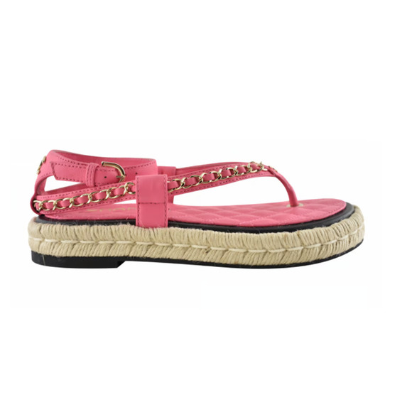 Chanel 21C Pink Lambskin Leather Chain Logo Mule Thong Espadrille Sandal Flat 37 - Picture 1 of 11